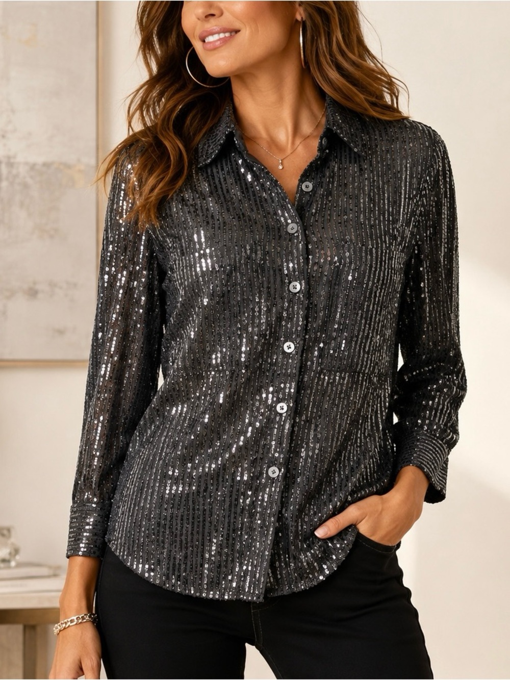 Anthropologie Black Sequin Sheer Button Down Top Small Petite SP